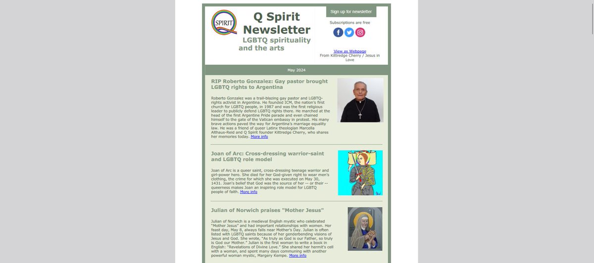Q Spirit Newsletter for May is out! Gay Latinx pastor, Joan of Arc, Dietrich Bonhoeffer's same-sex love, Julian of Norwich praised 'Mother Jesus,' Ascension Day, Ethiopian eunuch, Juana de la Cruz, #faithfullyLGBTQ saints, books and more at: conta.cc/3wz86ZH