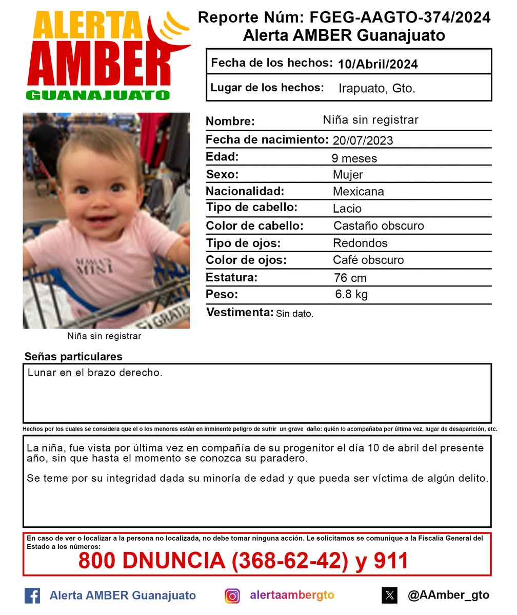 Activación de la Alerta AMBER Guanajuato de la niña sin registrar de 9 meses de edad, Irapuato, Gto. ¡Ayúdanos a localizarla!