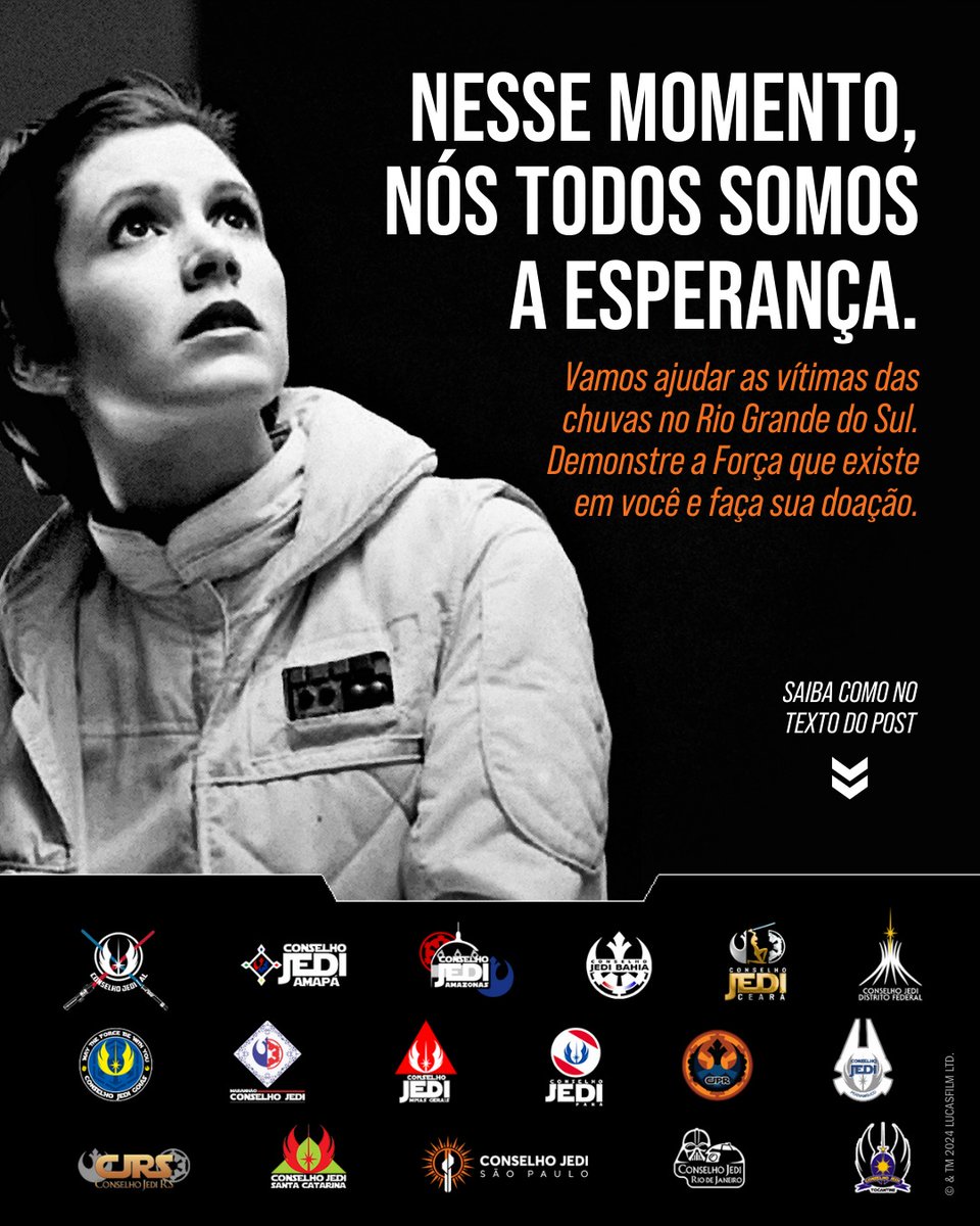 Todos nós podemos fazer parte de uma nova esperança, ajudando as vítimas das chuvas no RS. Os Conselhos Jedi convocam todos que puderem e desejarem ajudar, buscando locais para recebimento de donativos. Demonstre que a Força existe em você! instagram.com/p/C6rx2WDpJ0P/