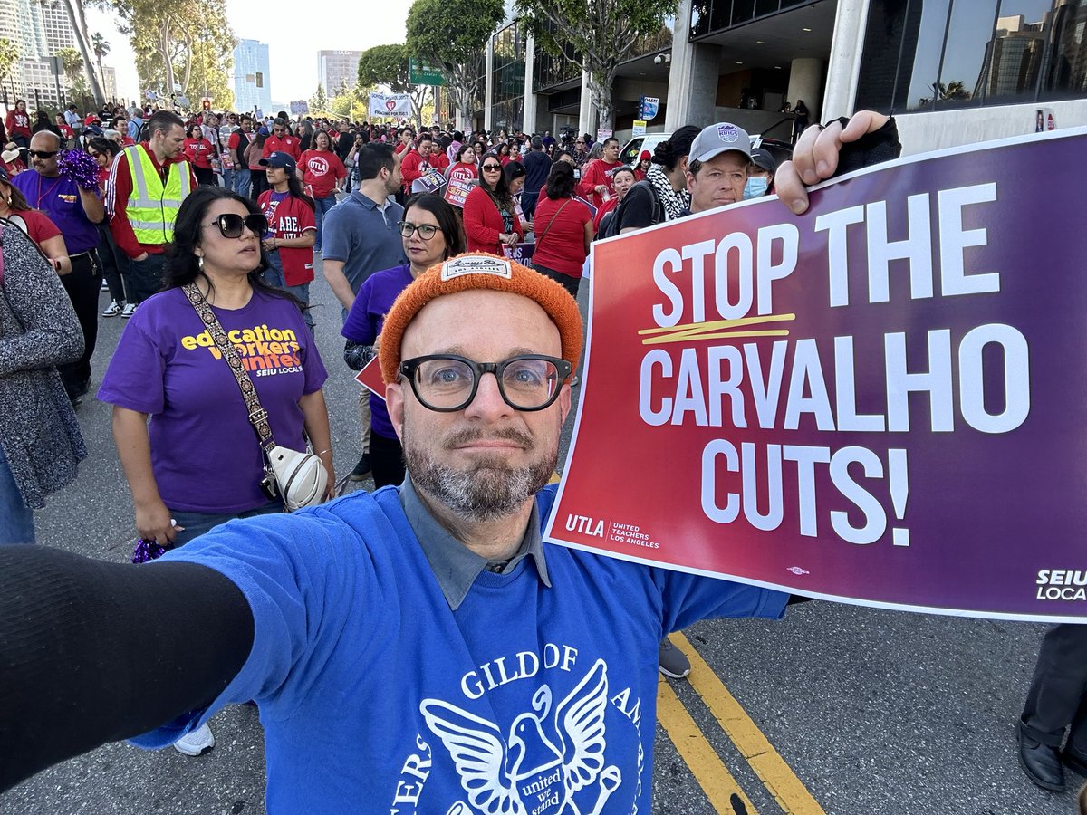 Out here as a union member and an LAUSD parent to stand with union kin #UTLA and #SEIU99. Stop the Carvalho cuts! With a projected 6.3 billion dollars in reserve there is NO NEED for them. This will hurt teachers, staff, and students! Pass it on. #UnionStrong #WGAStrong