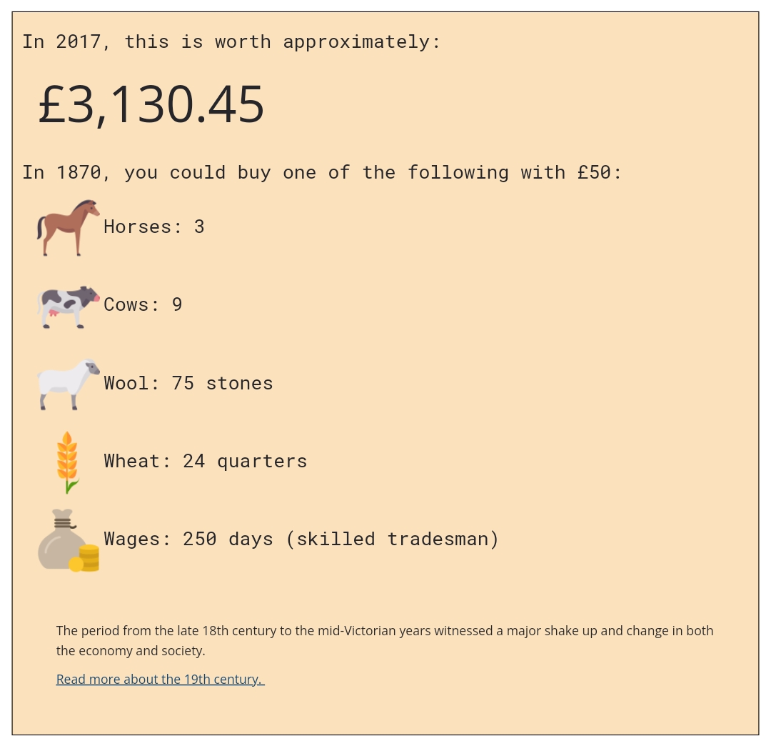 エタボの時代のポンドの価値
英国のサイトで調べてみた！

nationalarchives.gov.uk/currency-conve…

50ポンド＝熟練職人の賃金250日分！
ユリウスは年収相当を勘だけでポンと払ったのね😅
そして、サミュエルは年収2年分を吹っかけてたのね！（駆け引きしてるのは寧ろサミュエルでは🤭）