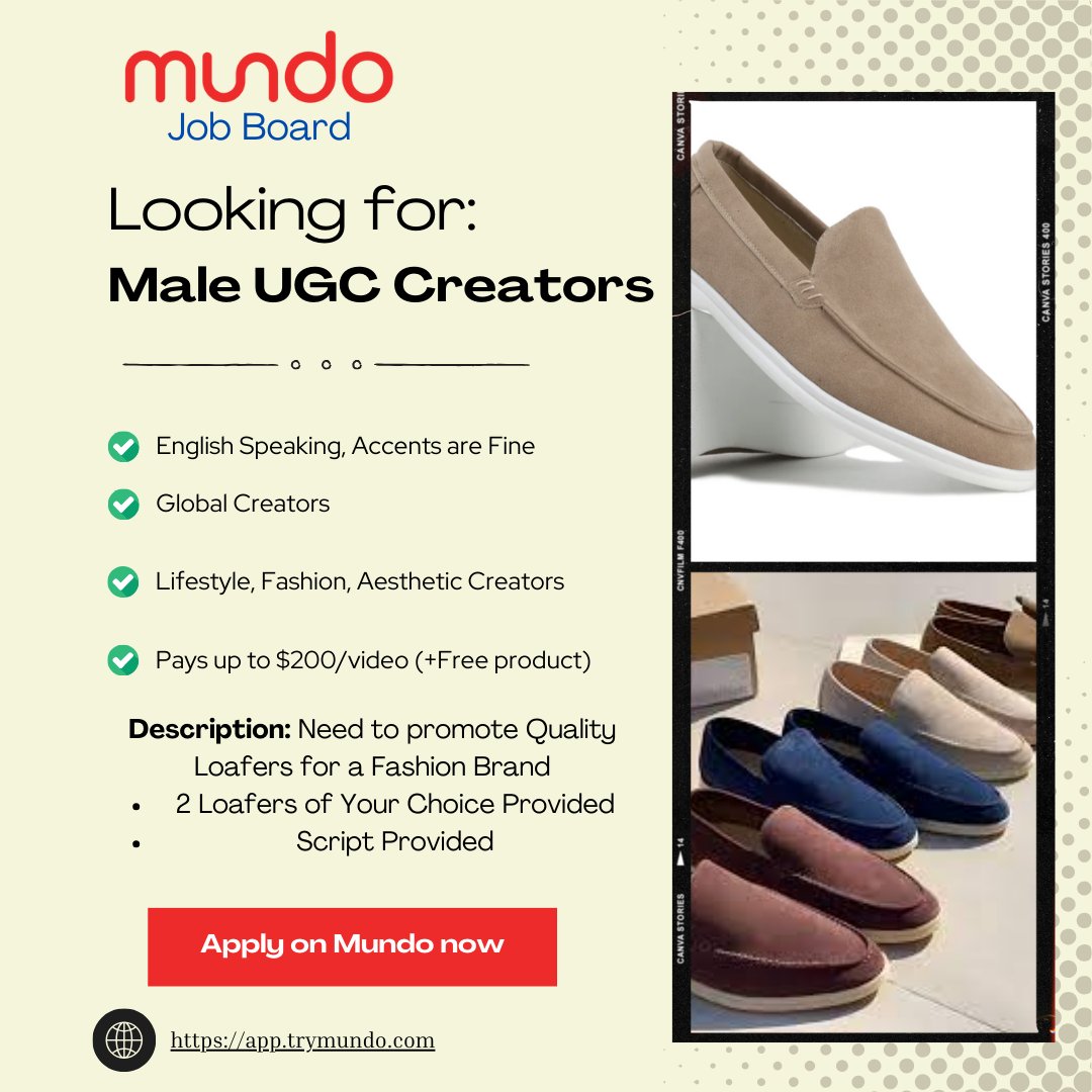 TryMundo's tweet image. Looking for &amp;gt;5 Male UGC Creators for luxury loafers brand

- Global Opportunity
- Male Creators, English Speaking
- pays up to $250/video

Comment your portfolio or apply directly here: app.trymundo.com/creator/market…

#ugccreators #ugccommunity #ugc