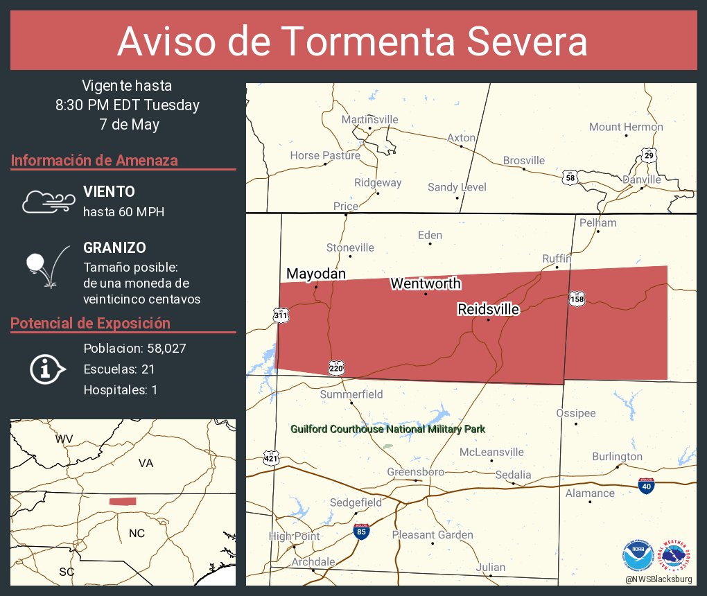 Aviso de Tormenta Severa incluye Reidsville NC, Wentworth NC, Mayodan NC hasta las 8:30 PM EDT