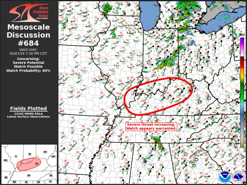 HEADS UP… it may be quiet so far… but the SPC is considering a Watch for Southern IN and a good chunk of KY later this evening.