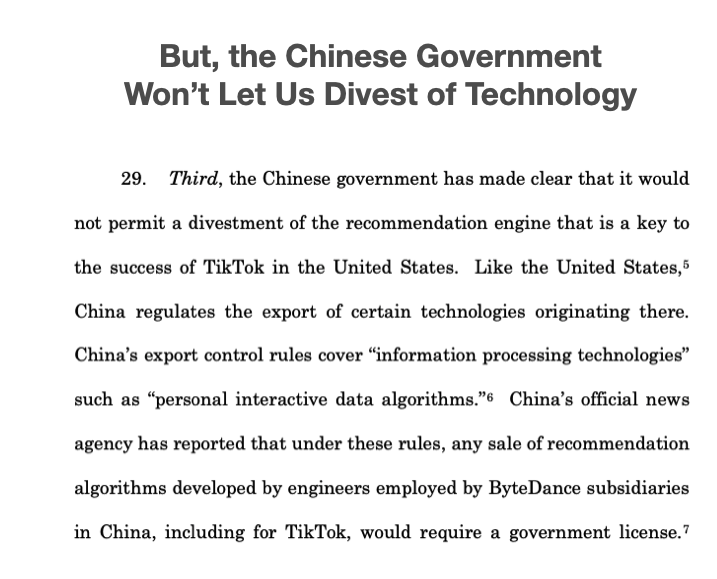 A glaring contradiction in ByteDance's lawsuit. Despite claiming minimal Chinese ownership claimed in its lawsuit and being a Cayman company, ByteDance (TikTok) is still blocked by the Chinese government from selling/transferring its AI recommendation engine technology.…