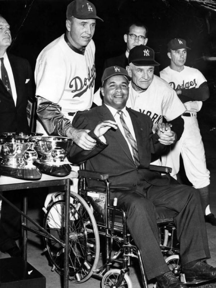 5/7/1959: On this date in 1959, A crowd of 93,103 went to the LA Coliseum for 'Roy Campanella Night' to show their support for the paralyzed catcher. The #Dodgers were beaten by the #Yankees in an exhibition game that followed the ceremonies. #MLB #OTD #BaseballOTD #LetsGoDodgers