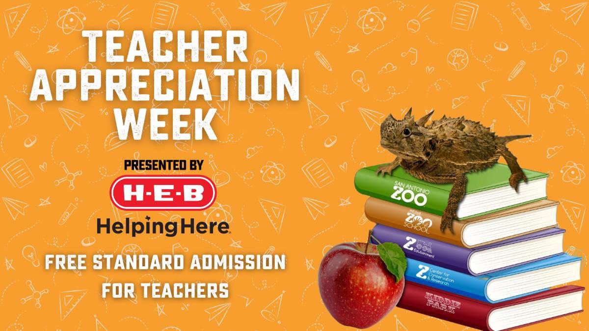 Hey teachers! Get some much needed rest and relaxation at San Antonio Zoo during Teacher Appreciation Week, Presented by H-E-B! 🍎📚 From May 6-12, Texas teachers will receive a FREE Standard Admission ticket to San Antonio Zoo and 50% off Any Day Tickets for up to four guests…