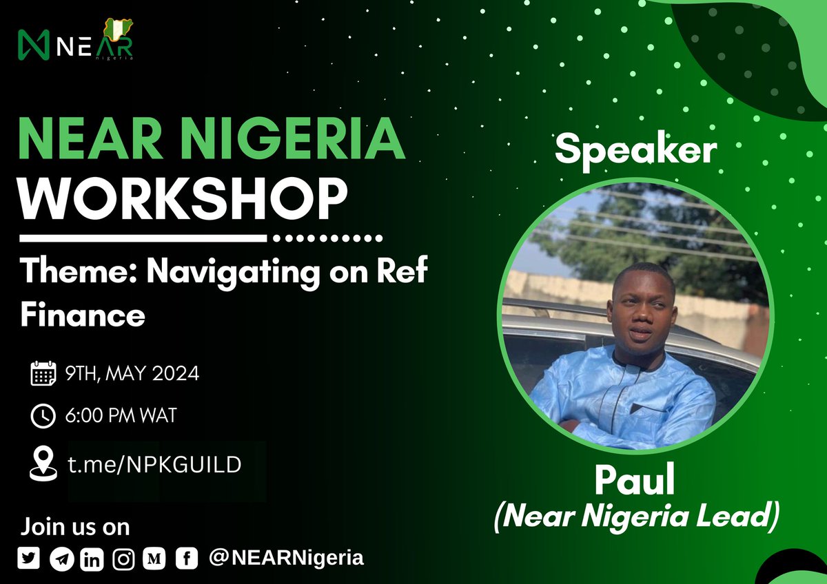 AyawariEvelyn's tweet image. 🔥 Join our Wokshop on #RefFinance! 📢

🗓️ May 9th, 6:00 PM WAT
🎁 Rewards: $NEAR tokens!

To qualify:
✅ Follow us on near.social/mob.near/widge…
✅ Like, Retweet &amp;amp; Tag 3 friends
✅ Drop your $NEAR wallet

Don&apos;t miss out! 🚀 
#FDAO #NDC #BOS