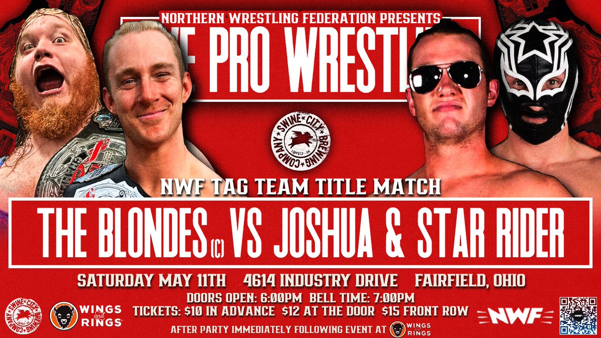 The Hollywood Blondes (@HollywoodSwayze & @TheRexExpress) defend the Tag-Team titles against @Joshua_MFT & @RiderOfTheStars this Saturday when we return to @SwineCityBrew! 🎟: nwfwrestling.com/events 🚪: 6 pm 🔔: 7 pm