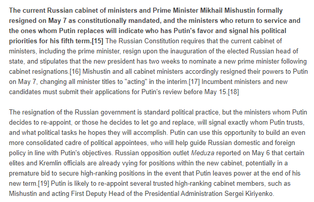 The current Russian cabinet of ministers and Prime Minister Mikhail Mishustin formally resigned on May 7 as constitutionally mandated, and the ministers who return to service and the ones whom Putin replaces will indicate who has Putin's favor and signal his political priorities…