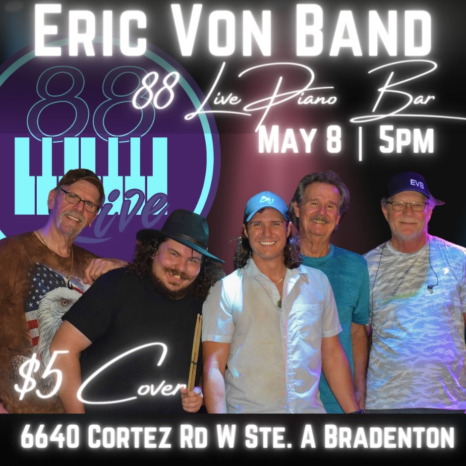 Get a dose of midweek energy >> Join us on Wednesday at 88Live Piano Bar! 🎹

>>> Wednesday, May 8 | Fullband Show
7-10 pm | $5 cover at the door.

6640 Cortez Rd W Suite A, Bradenton, FL 34210

#liveband #liveshow #bradenton #musicscene #88livepianobar