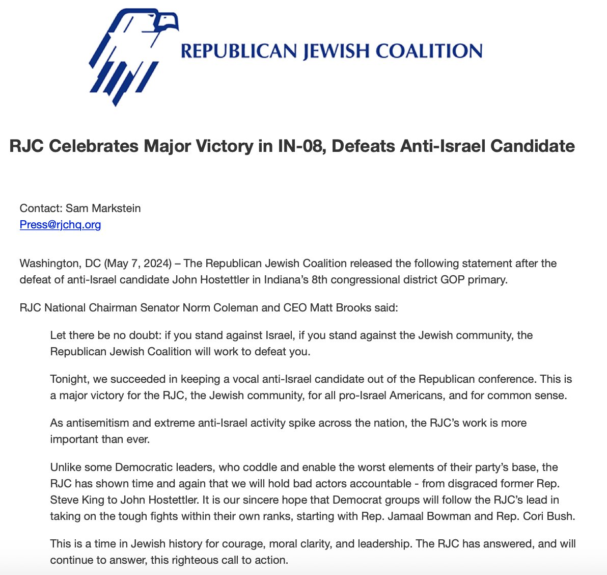 BREAKING: @RJC Celebrates Major Victory in IN-08, Defeats Anti-Israel Candidate Let there be no doubt: if you stand against Israel, if you stand against the Jewish community, the Republican Jewish Coalition will work to defeat you. Tonight, we succeeded in keeping a vocal…