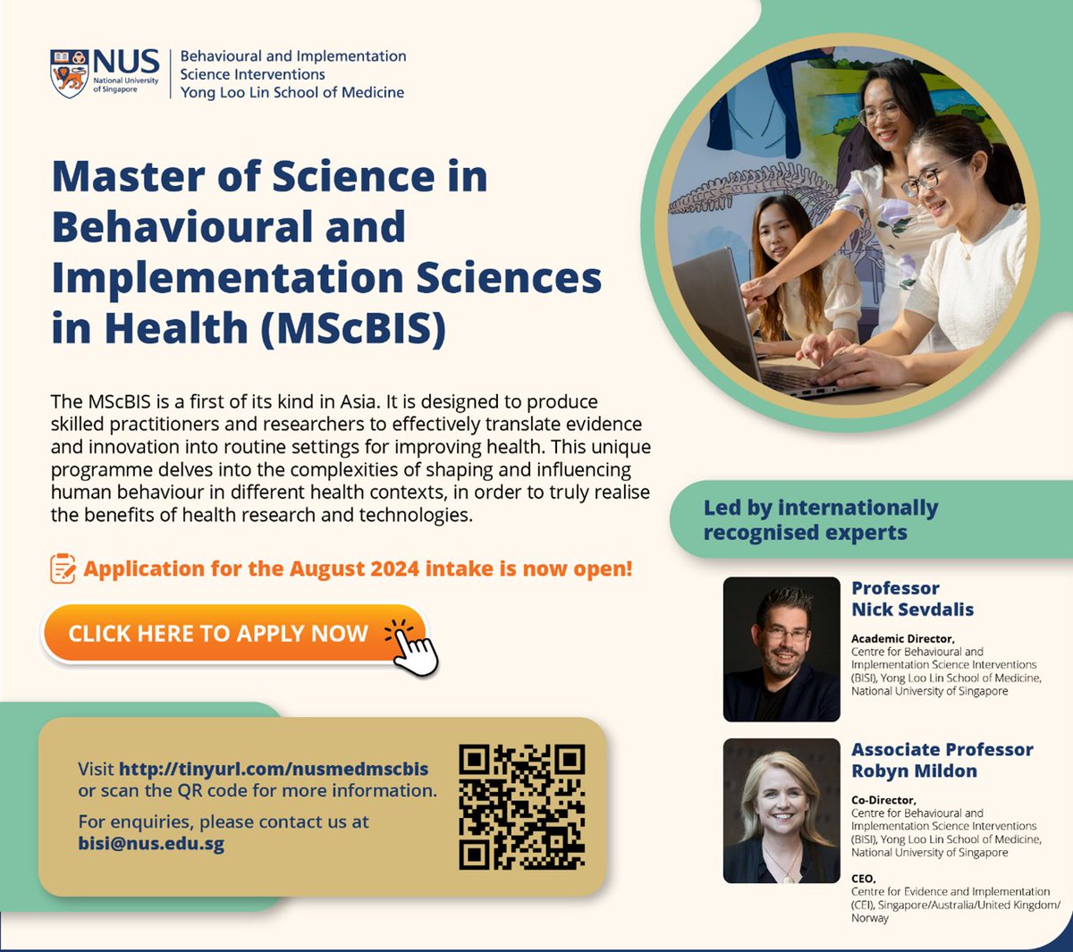 📢Virtual info session for the new MSc Behavioural & Implementation Science @BISI_NUS, 21 May, 7pm (SGT). The first degree of its kind in #Asia. 
Register: bit.ly/mscbisinfosess…
Apply for MScBIS: bit.ly/applymscbis 
#impsci #evidence #HealthcareInnovation #Masters