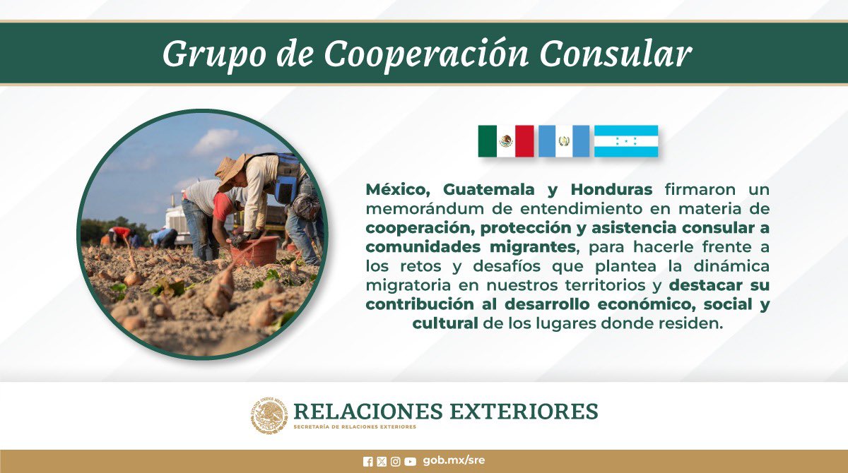 📌 #SabíasQue | Hoy se firmó un Memorándum de Entendimiento que pondrá en marcha al Grupo de Cooperación Consular, México, Guatemala y Honduras para la cooperación, protección y asistencia consular a comunidades migrantes, principalmente, en Estados Unidos y Canadá. Conoce más…