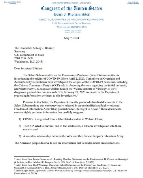MarioNawfal's tweet image. 🚨🇺🇸BREAKING: HOUSE FINDS EVIDENCE OF COVID LAB LEAK

The House Select Subcommittee on the Coronavirus Pandemic has examined classified State Department records that suggest COVID-19 may have originated from a lab-related accident in Wuhan, China. 

The records, which were…