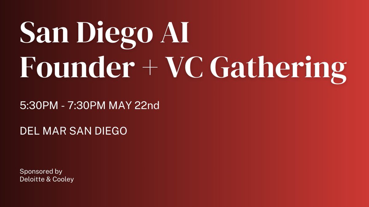 On Wednesday, May 22nd I'm hosting a invite-only event for top AI founders and VCs in Del Mar San Diego w/ @CooleyLLP and @Deloitte 50+ people have already reach out to attend. Goal is to connect prominent VCs and AI builders. Send me a note if you fit that description!