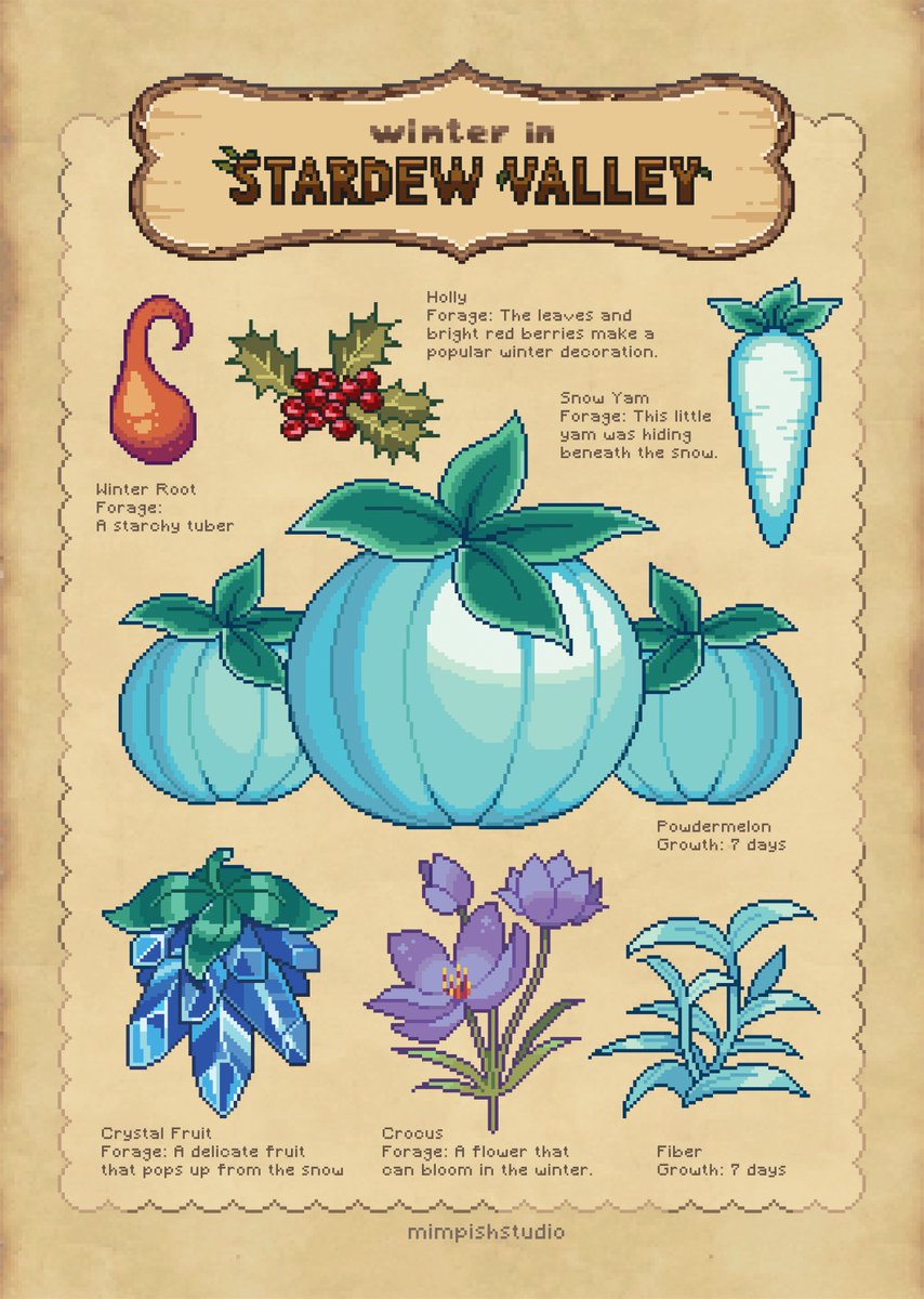 And at last... it's winter in Stardew Valley! ❄️You can't grow many plants in winter so I decided to draw some forages instead 🩶 #pixelart