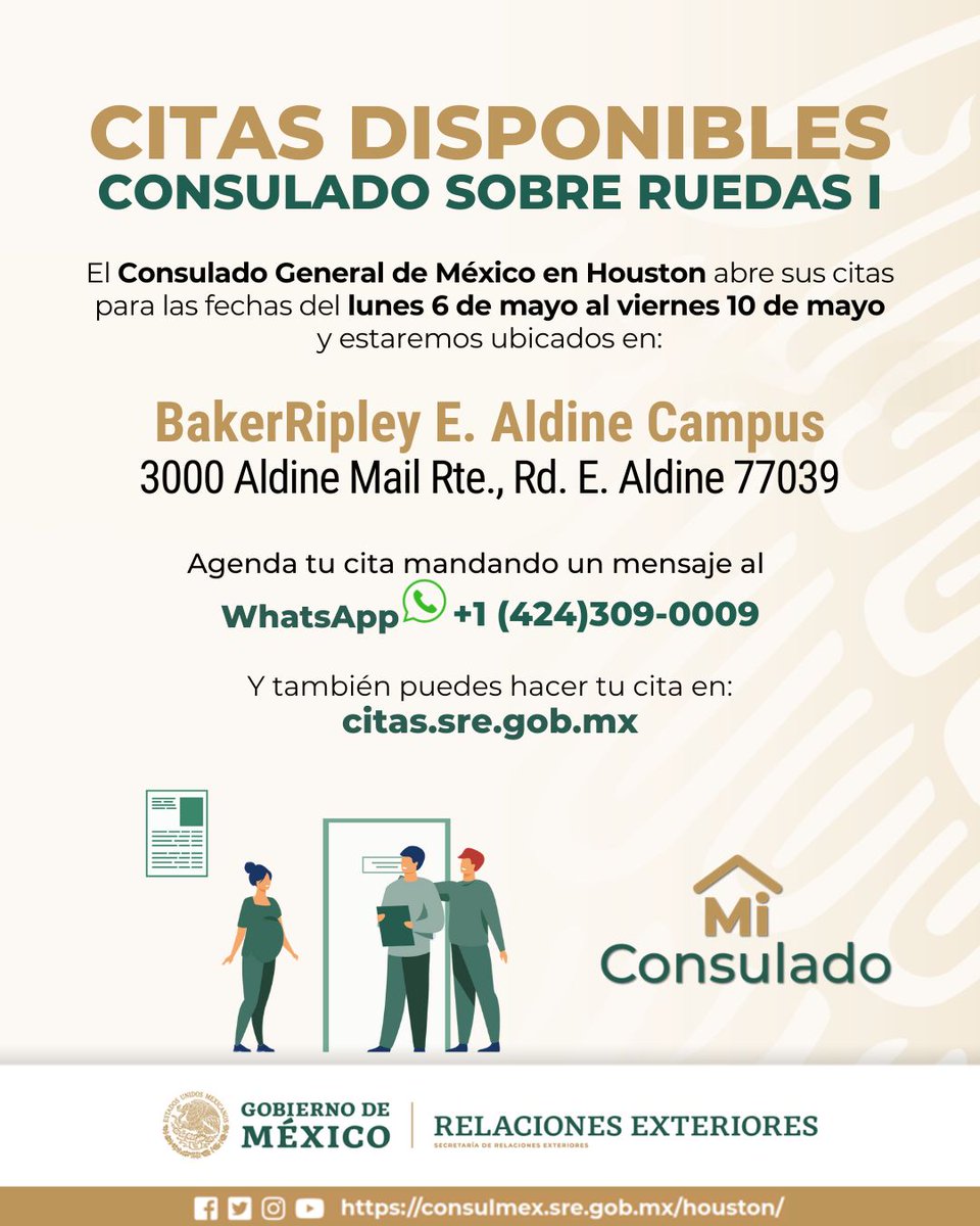 Ya hay citas para nuestros Consulados Sobre Ruedas. 🚍 Agenda en citas.sre.gob.mx o manda un mensaje vía Whatsapp wa.me/14243090009 También puedes llamar al 1(424)-309-0009 ☎️