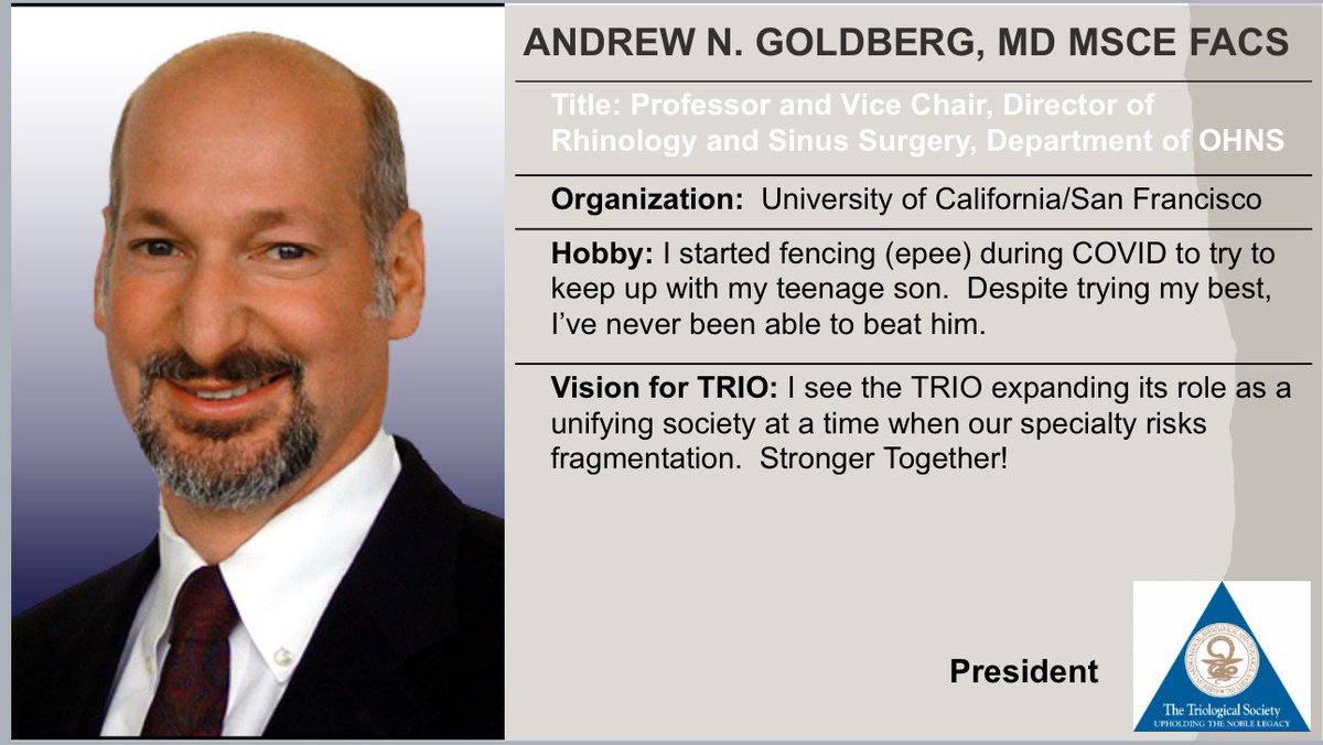 Next up in our leadership lineup—introducing our current President of the @Triological—Dr. Goldberg from @UCSF_OHNS! @UCSF #COSM #ENTSurgery @AmRhinoSociety