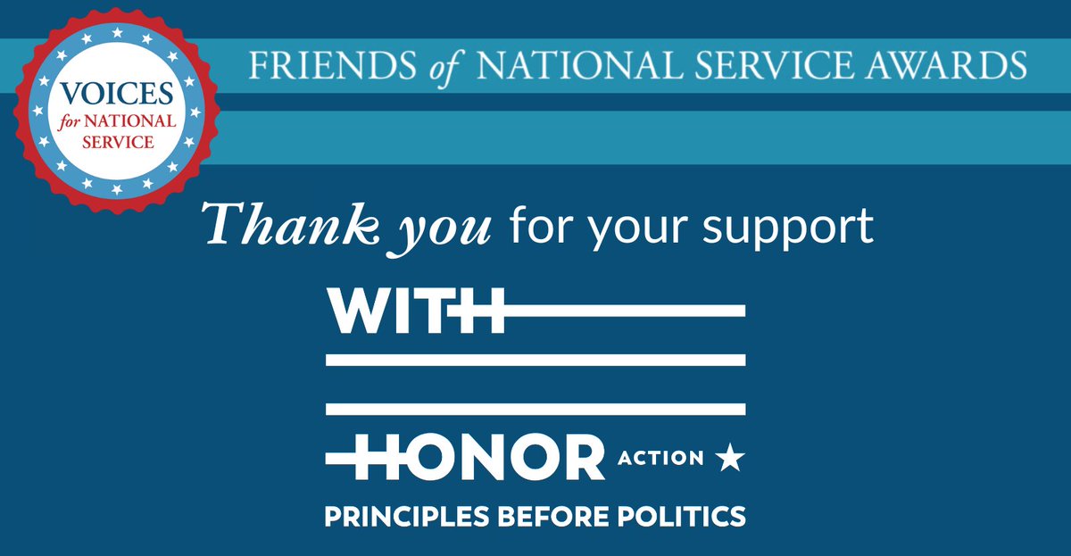 Thanks to @WithHonorAction for sponsoring the @Voices4Service @FriendsOfService Awards. It’s an honor to work with @RyeBarcott to expand & strengthen service in all its forms to improve lives, strengthen communities, & unite Americans in strengthening our democracy. #AmeriCorps30