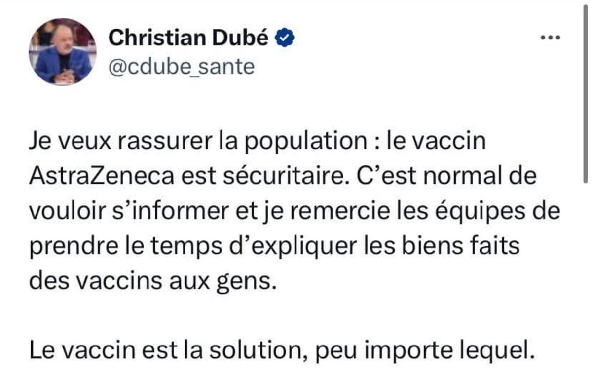 On attend quoi pour arreter Christian Dubé ?

C’est pas une joke

Le gars doit au minimum demissionner et il doit être jugé par un jury.

Dubé a été brouillon. il savait que les USA refusait le AZ et il était au courant des premiers cas de myocardite.

Un dangereux.