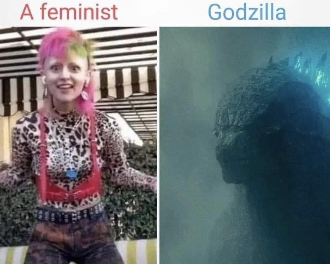 The 'man or bear in the woods' is a hypothetical question that has run its course. New question: As a man, would you rather be stuck in the woods with a modern feminist or Godzilla?