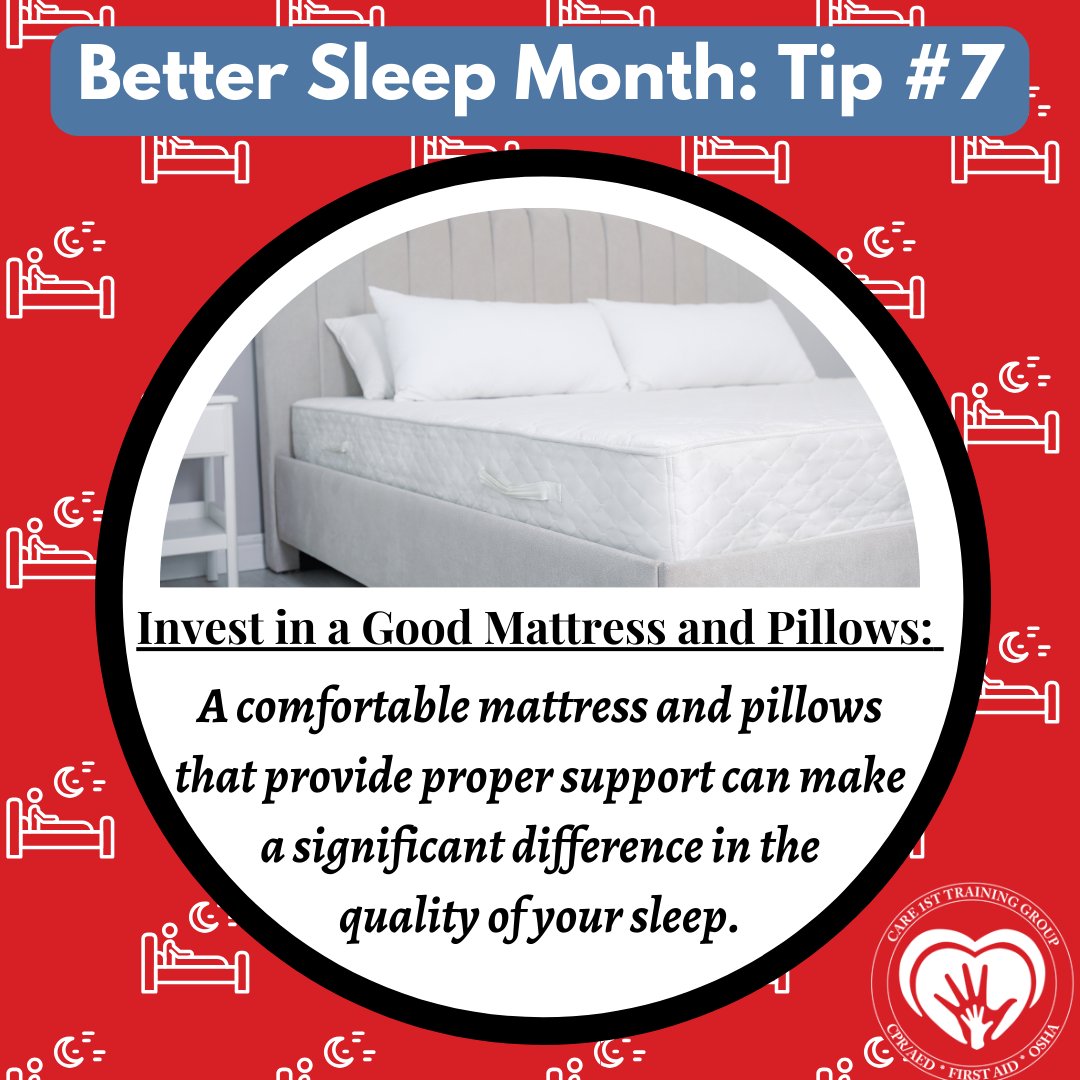Upgrade your sleep game with Tip #7: Invest in the dream team - a good mattress & pillows! 🛏️💤 Because quality sleep starts with quality comfort! 🌙 #Care1stCPR ✨ #Care1stTrainingGroup #BetterSleepTips #SleepWell #HealthyLiving