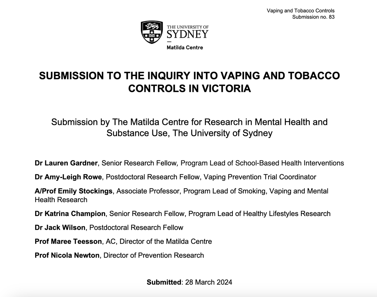 Supply-reduction strategies for vaping need to be accompanied by safe, evidence-based demand reduction strategies. Read the Matilda Centre’s submission to the Victorian Inquiry into Vaping and Tobacco controls: parliament.vic.gov.au/497896/content… 1/4