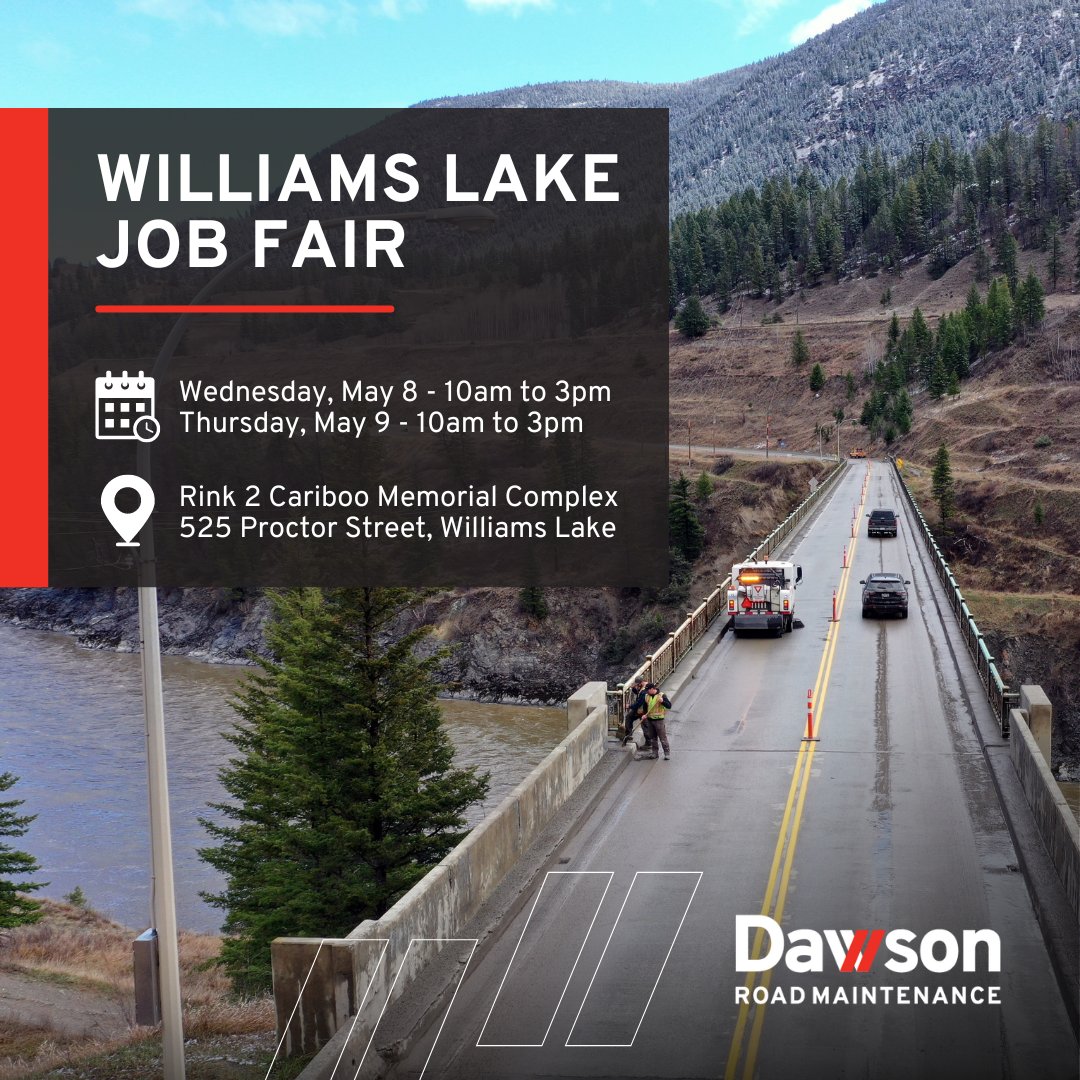 Don't forget about the #Williams Lake Job Fair tomorrow and Thursday! 📍 Rink 2 Cariboo Memorial Complex, 525 Proctor Street, Williams Lake 📅 May 8 & May 9 10am to 3pm 🔗 DawsonGroup.ca/Careers #DawsonCareers #WorkBC #BCjobs #Hiring #Cariboo