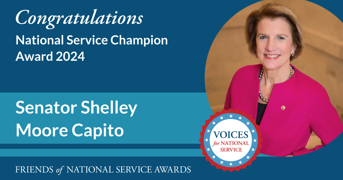 .@SenCapito is our #NationalService Champion Award honoree. As Vice Chair of the Service Caucus, she has been a strong supporter of @AmeriCorps & @AmeriCorpsSr & their impact throughout WV. #AmeriCorps30 #FriendsOfService loom.ly/QBMIgxs