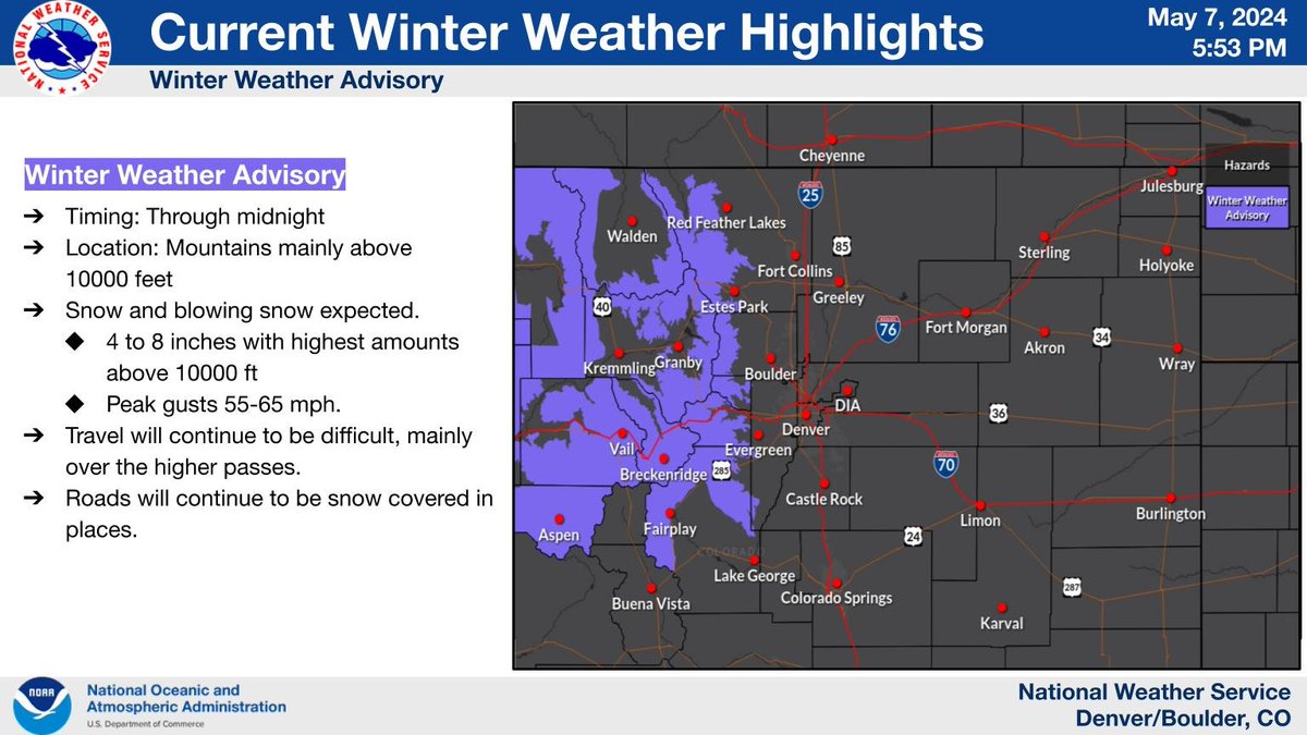 Winter Weather Advisory extended until midnight. Snow will continue over the mountains this evening. The snow combined with windy conditions will continue to produce snow covered roads and blowing snow leading to difficult travel at times. #cowx