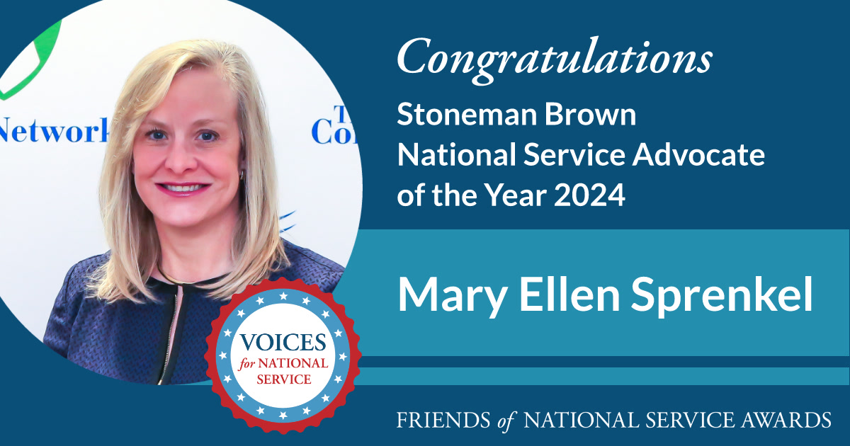 Mary Ellen Sprenkel, CEO of @TheCorpsNetwork, is the @Voices4Service Stoneman Brown Advocate of the Year. She has been the leading advocate for #NationalService as a strategy for addressing needs in conservation & climate for decades. #FriendsOfService