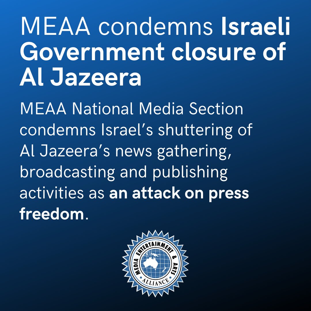 #MEAAmedia has added its voice to the global condemnation of the Netanyahu government’s forcible closure of @AJEnglish in Israel: meaa.org/mediaroom/meaa…. 

On Sunday, the government voted to close the Qatari-based channel –  raiding its offices, removing its broadcasts from