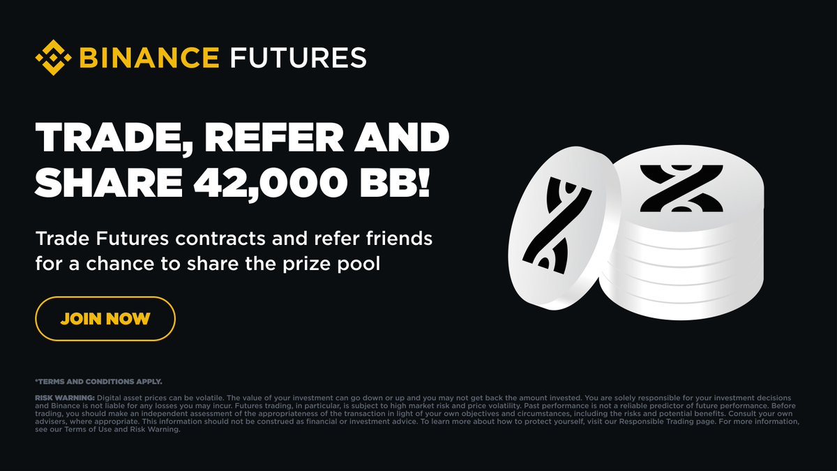 #Binance Futures is thrilled to launch a giveaway with a total prize pool of 42,000 $BB up for grabs! To enter: 🔸Make your first Futures trade 🔸Refer your friends to trade Futures 🔸Complete airdrop tasks to win up to 100 $BB Join Now ➡️ binance.com/en/activity/ma…
