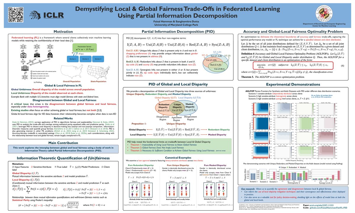 If you are at #ICLR, stop by our poster on 'Demystifying Local and Global Fairness Tradeoffs Using Partial Information Decomposition' Poster Session 7, Friday 10:45 AM CEST arxiv.org/pdf/2307.11333… (joint work with @FaisalHamman) #ICLR2024 #AIEthics #Fairness #informationtheory