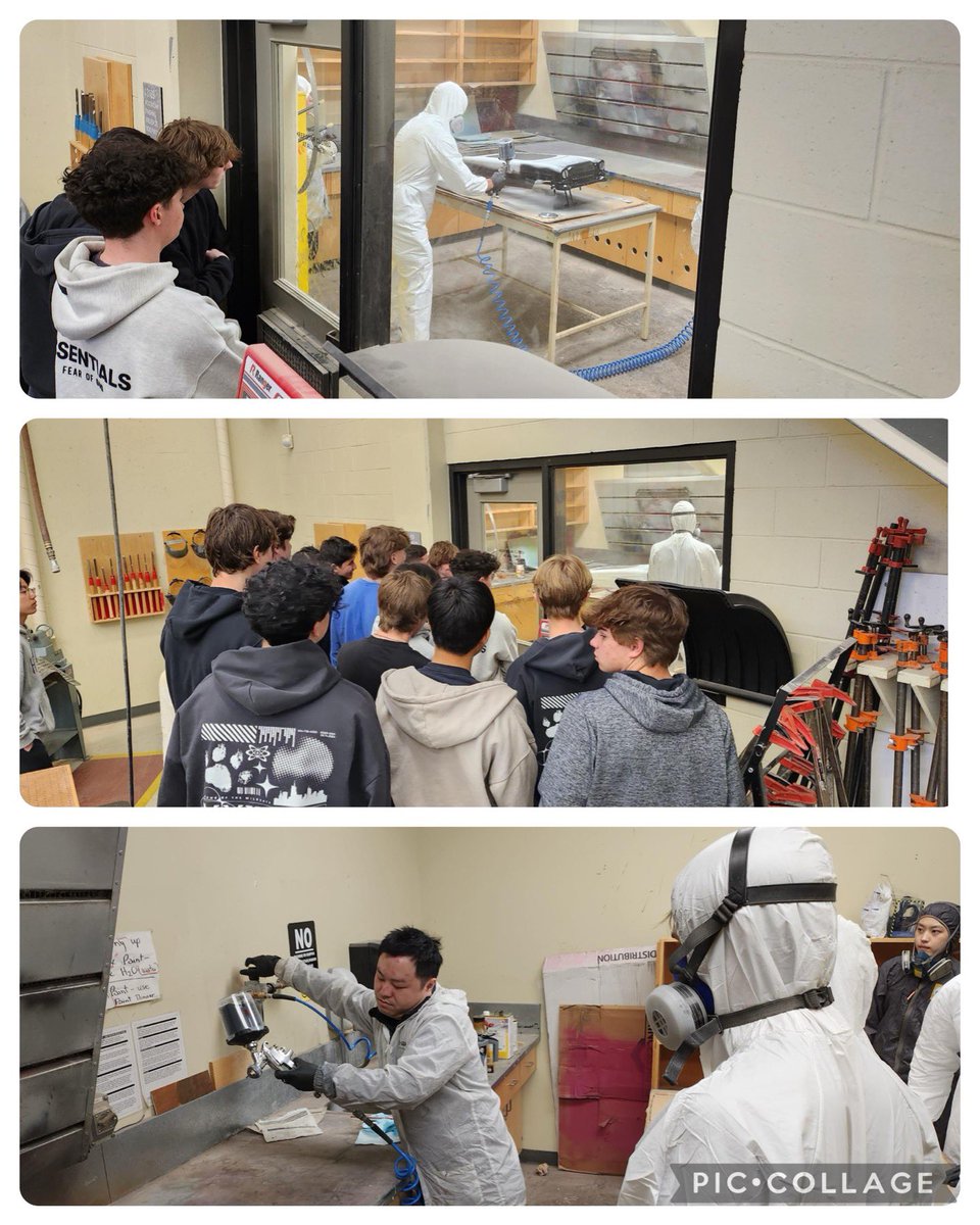 No, it’s not a Martian invasion! The #SkillsExploration students are getting Professional advice from our BASF Rep Keith So, as they are about to shoot a high build primer on the body of the pedal car.
#skills
#pedalcars
#WildcatTalent
#McMathPRIDE
#sd38learn 
@RichmondSD38