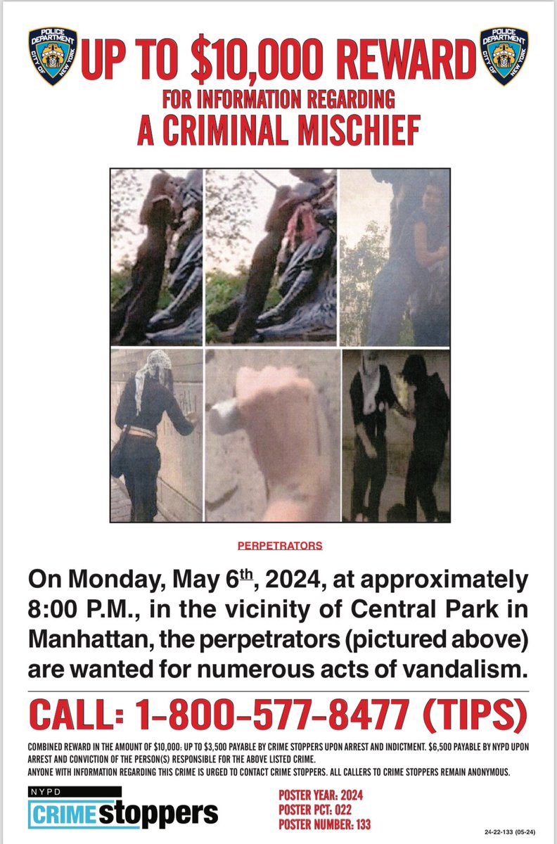 We need your help to identify and arrest these individuals. They committed numerous acts of vandalism to public works in and around Central Park last night. Know who they are? 1-800-577-TIPS @NYPDTips