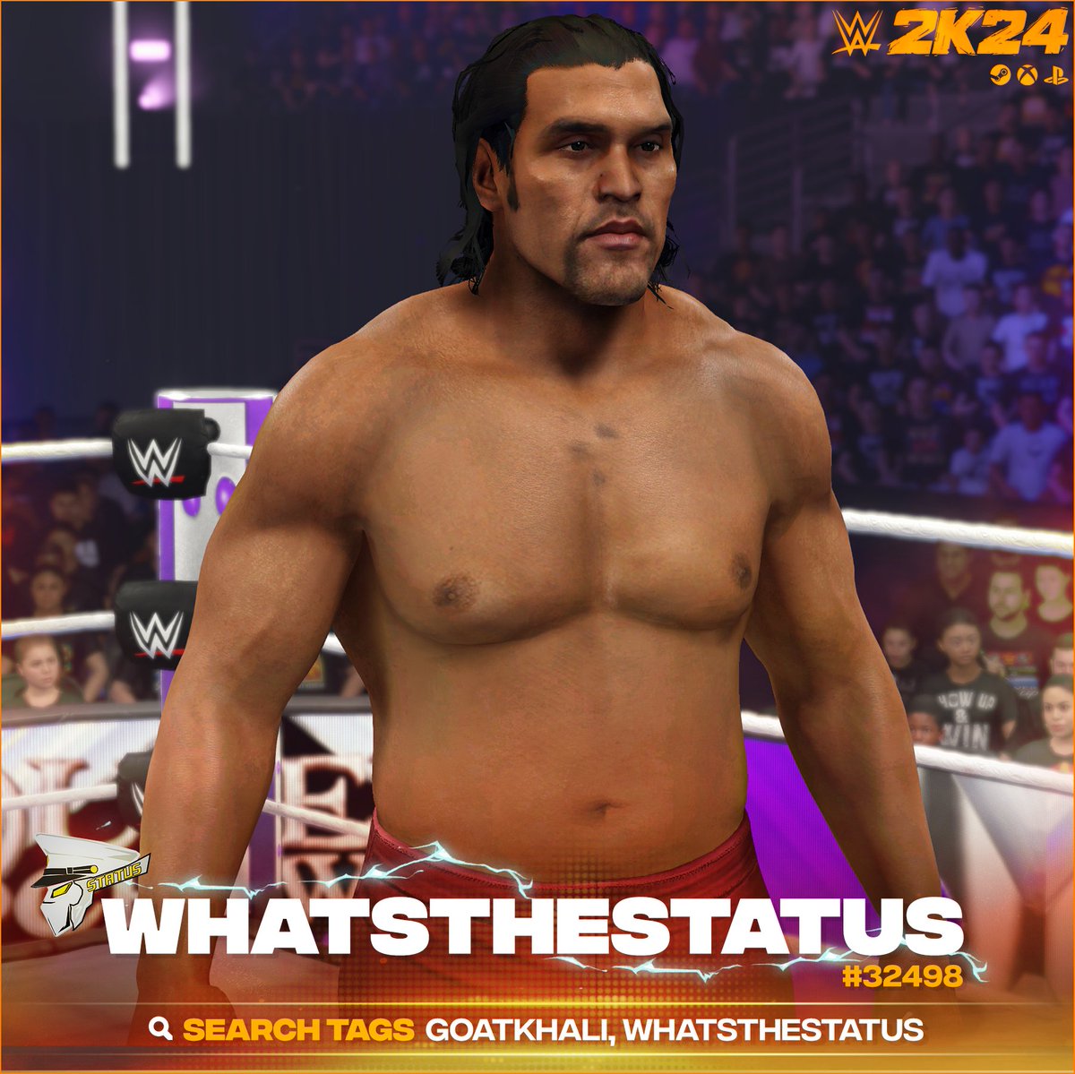 NEW! #WWE2K24 Upload To Community Creations! ★ The Great Khali ★ Search Tag → GOATKHALI or WhatsTheStatus ★ Support Me → linktr.ee/WhatsTheStatus ★ INCLUDES ● Custom Portrait ● Ring Announcer Name (The Great Cali) ● 2010 & 2007 Attires ● Height mod to match Andre The…