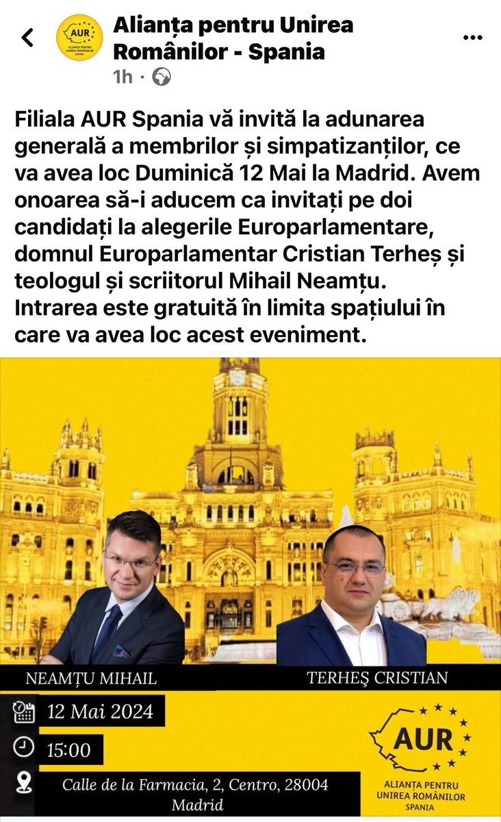 Bienvenidos a Madrid mis queridos amigos de la cada vez mayor fuerza conservadora de Rumanía que es AUR. Christian Terhes, ya miembro del ECR esta legislatura con VOX y mi admirado Mihail Neamtcu forman ambos parte de la lista para las elecciones europeas en la que se les augura