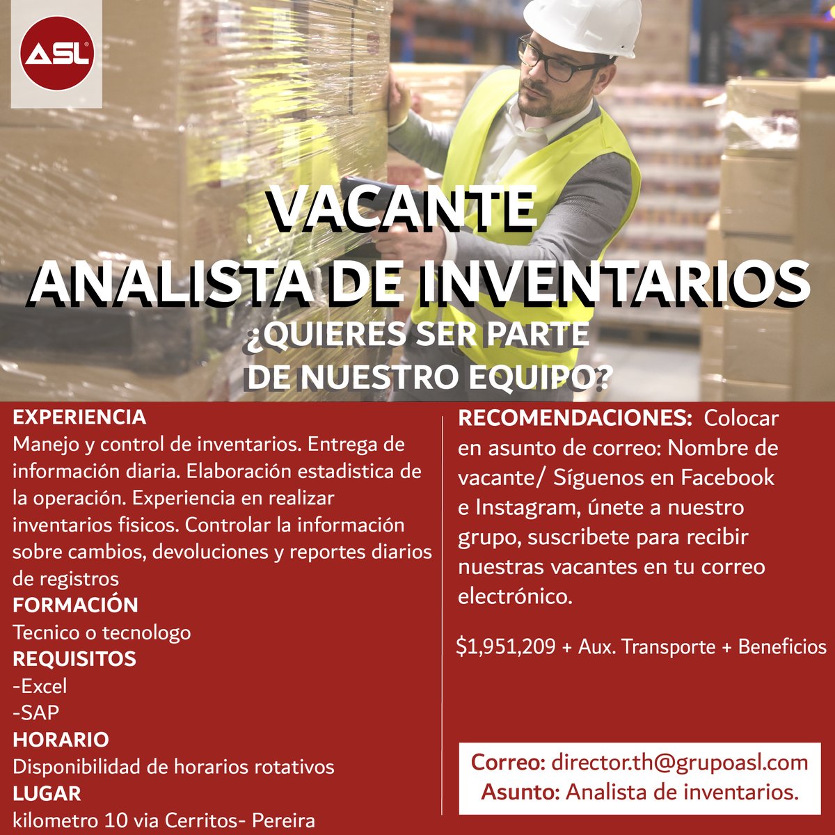 ¡Conoce nuestra vacante! 😉🤩
#ASL #administrador #logistica #almacenamiento
#logistics #procesoslogisticos #procesologisticodhl
#picking #packing #carga #montacargas #supervisor
#equipamiento #trabajo #vacantescolombia