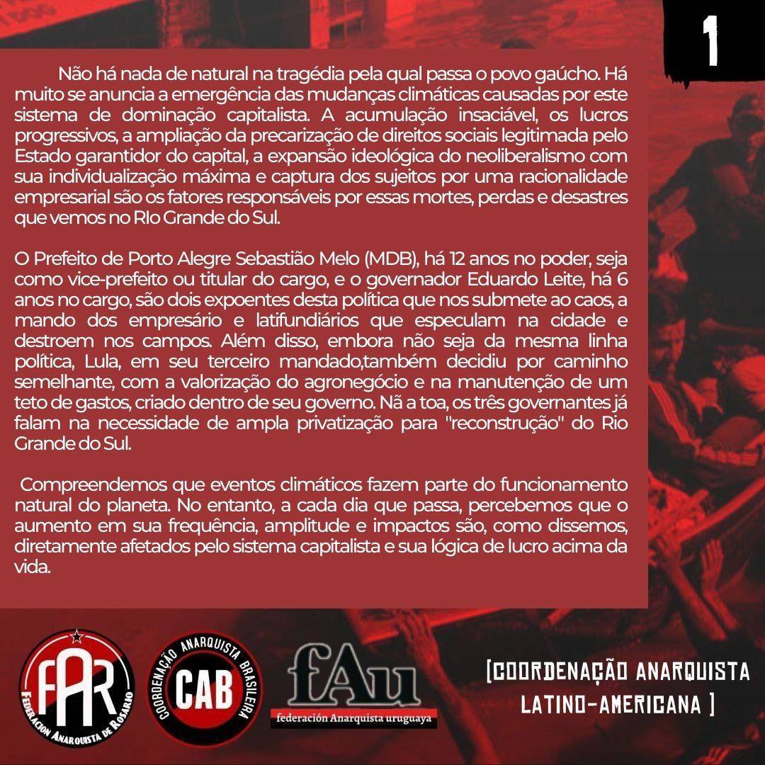 cabanarquista_'s tweet image. Leia a nota Diante das inundações no Rio Grande do Sul, da CALA, Coordenação Anarquista Latino-americana. (Em português e espanhol)