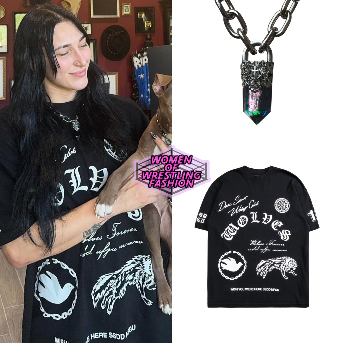 Rhea wears the Baby Sacred Necklace in Northern Lights from Love Rokz (sold out) & Break The Cycle Premium Oversized Tee from Darc Sport ($38)