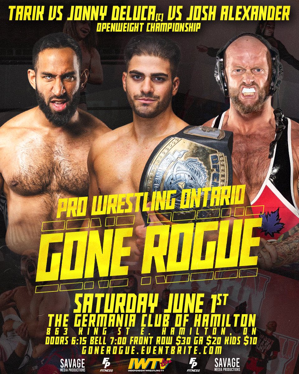 🌐#MATCHANNOUNCEMENT🌐

The Main Event is set!

@jonny_deluca will have to defend his #OpenweightChampionship against both @TARIKhatesyou & The @Walking_Weapon in a #TripleThreat Saturday June 1st at #GONEROGUE! 

Tickets On Sale Now via gonerogue.eventbrite.com