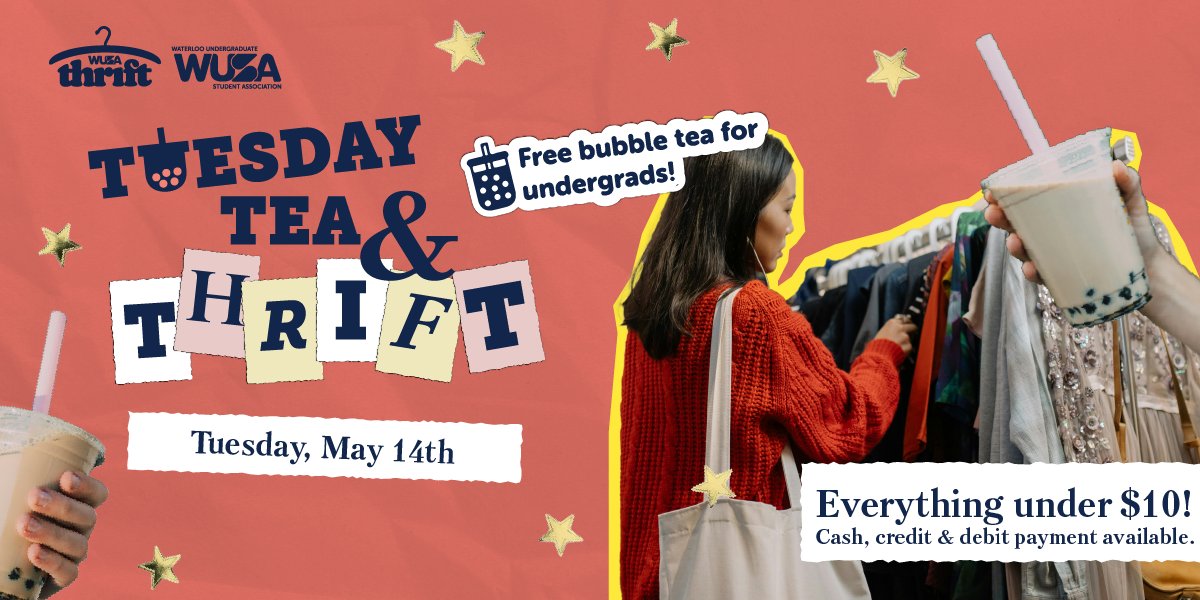 Warriors, sip &amp; shop at Tuesday Tea &amp; Thrift — a perfect blend of style &amp; taste! 🛍️

Join us on May 14, 11am–3pm at the SLC MPR to discover @WUSAThrift's unique finds for under $10, all while enjoying complimentary tea! 😋

➡️ Details at wusa.ca/events.

#WUSAwelcomeweek