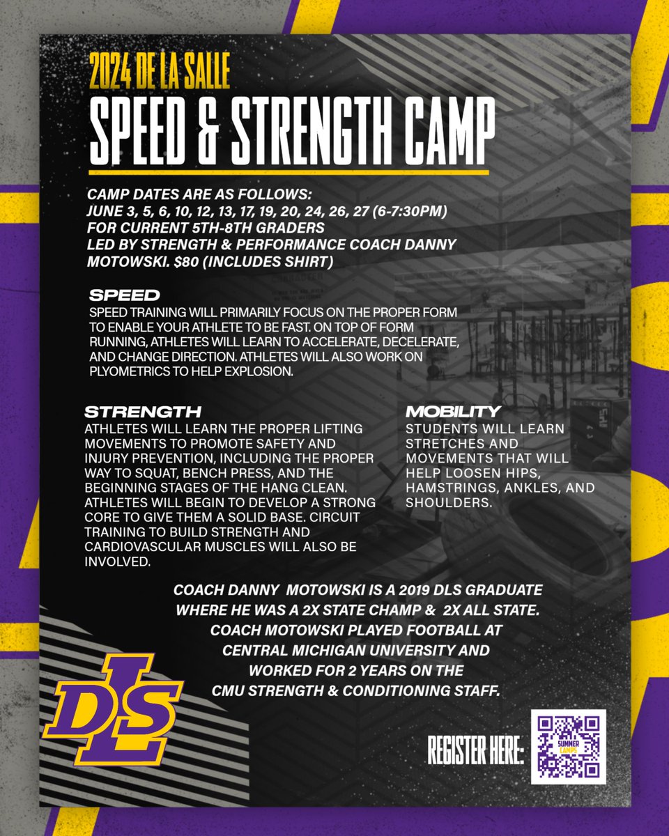 The 2024 DLS Speed & Strength Camp is around the corner! June 3, 5, 6, 10, 12, 13, 17, 19, 20, 24, 26, & 27 (6-7:30PM) for current 5th-8th graders and led by Strength & Performance Coach Danny Motowski. $80 (includes shirt). Use the QR code to register! #PilotPride