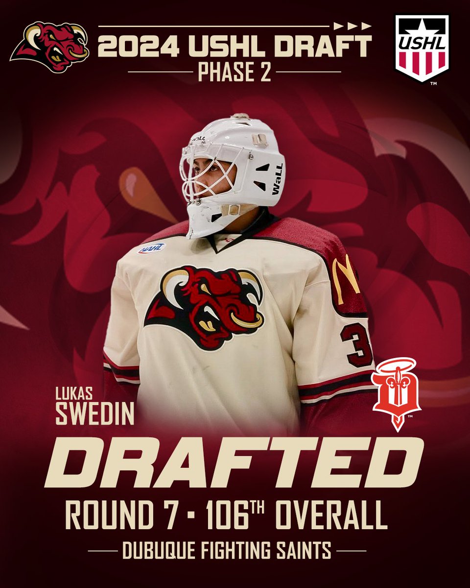 MinotauroHockey's tweet photo. Congratulations to Minotauros Goalie Lukas Swedin (@LukasSwedin) as he was selected with the 14th pick of the 7th round in the USHL Phase 2 draft. He was selected by the Dubuque Fighting Saints! #TaurosAdvance https://t.co/vESlZP25ks
