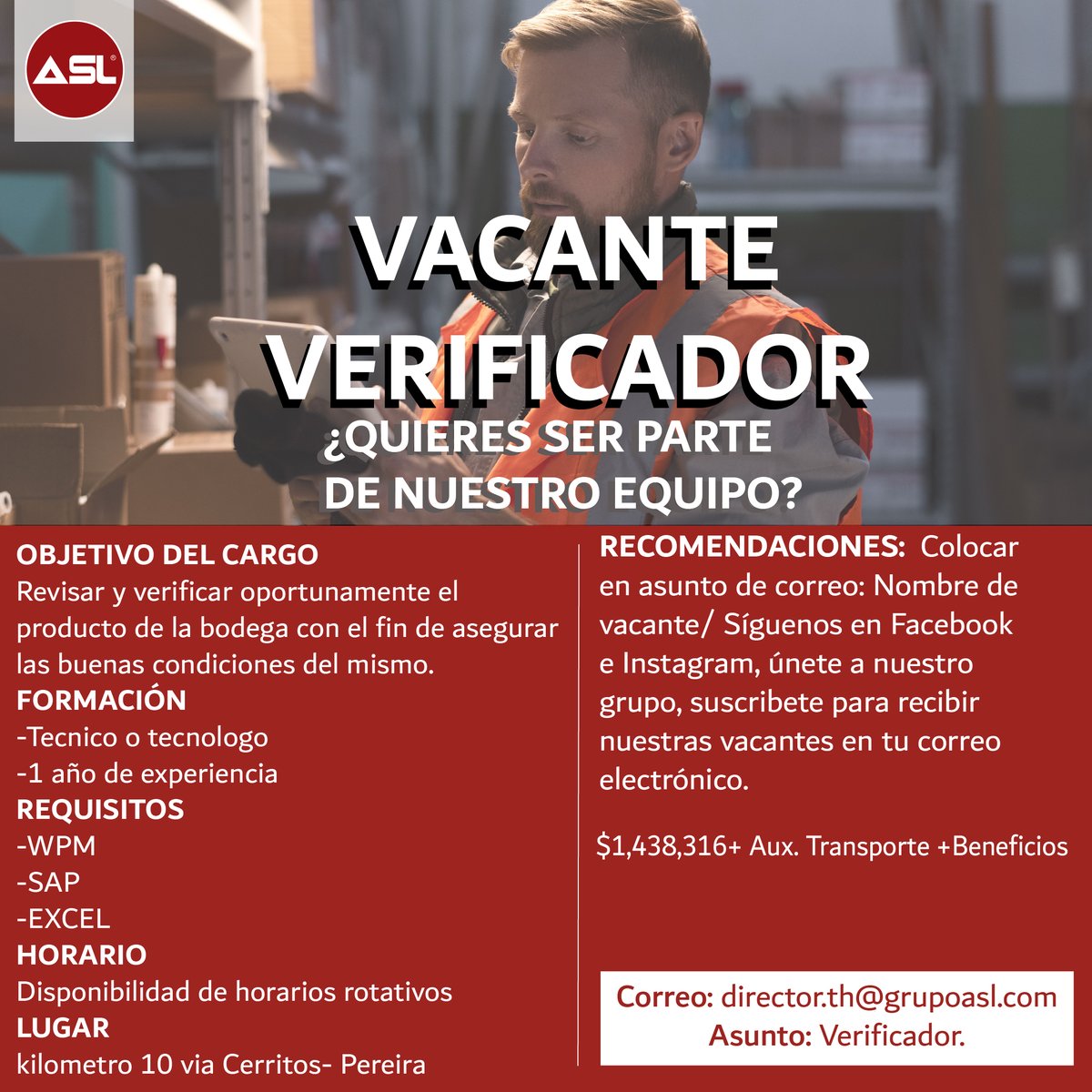 ¡Conoce nuestra vacante! 😉🤩
#ASL #administrador #logistica #almacenamiento
#logistics #procesoslogisticos #procesologisticodhl
#picking #packing #carga #montacargas #supervisor
#equipamiento #trabajo #vacantescolombia
