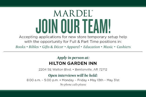 Our sister company Mardel is hosting a hiring event May 13-May 31 M-F 8am-5pm for the new store in Rogers, AR!

They are  accepting applications for temporary & seasonal positions.

#Rogers #Arkansas #Mardel #SisterCompany #CareerOpportunity #JoinOurTeam #LoveYourJob #HiringAlert