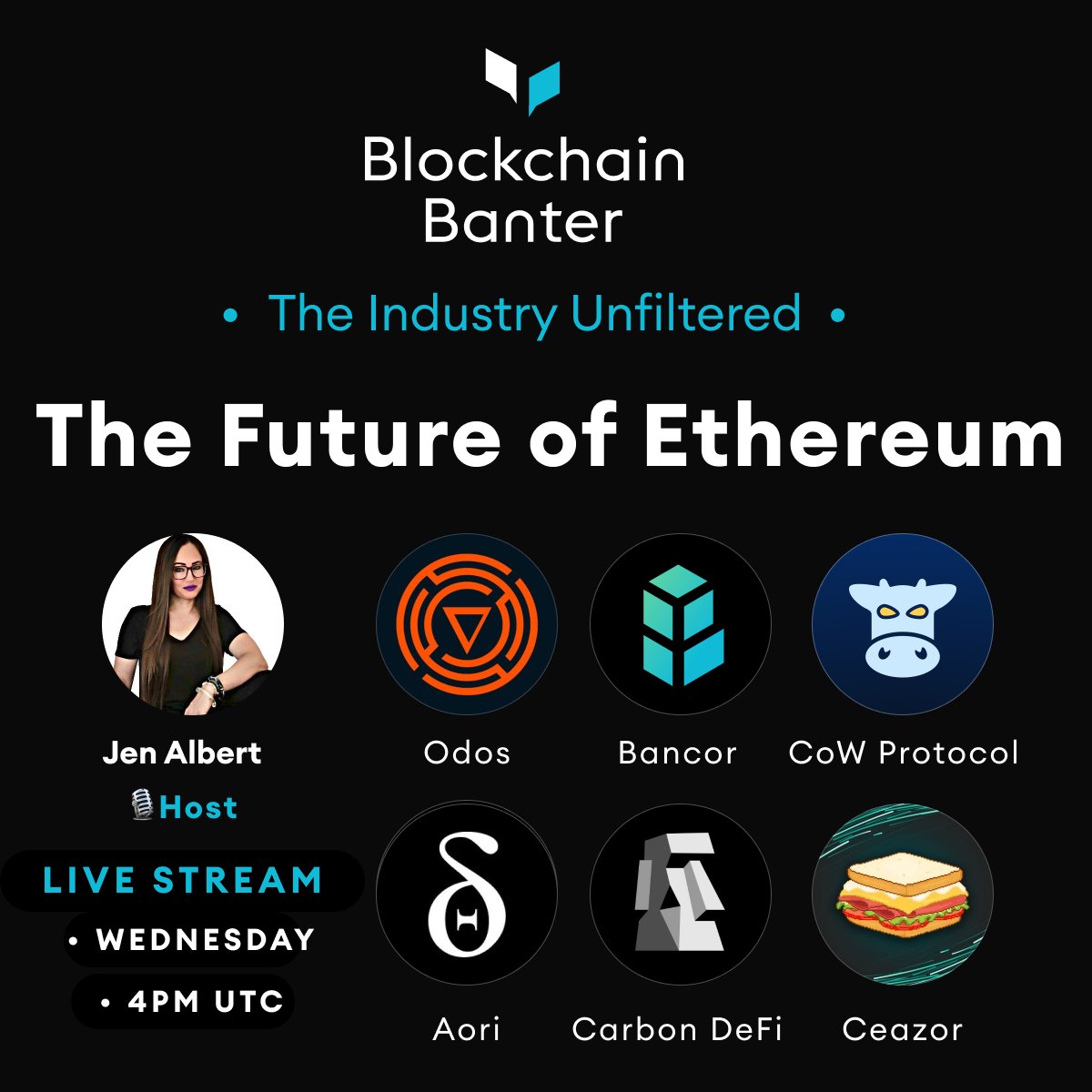 Blockchain Banter 'The Future of Ethereum' with an absolute 🔥 panel: •@mattdeible •@MBRichardson87 •@VinyasAlex •@joshuagunnn •@ceazor7 💥Catch the live stream Wednesday at 4PM UTC