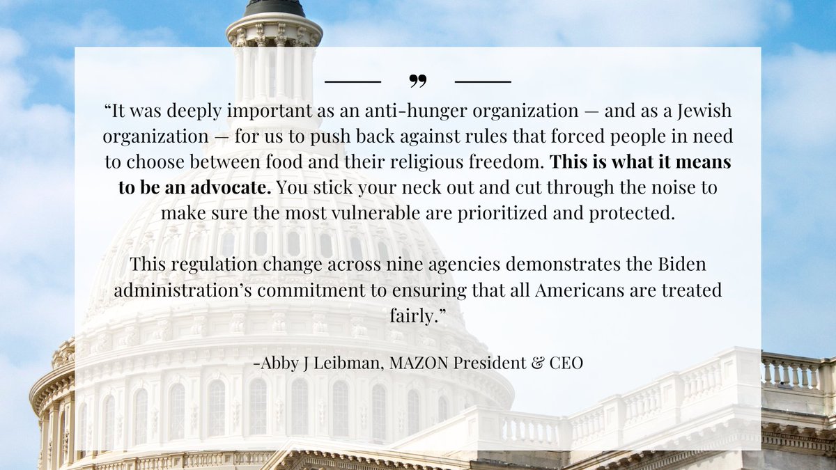 #ICYMI, 9 federal agencies finalized rules to reinstate religious freedom protections for recipients of federally funded social services. In '21 MAZON & a coalition of partners filed a lawsuit against the Trump admin for the harmful rules. Learn more: loom.ly/DZ9bDBE